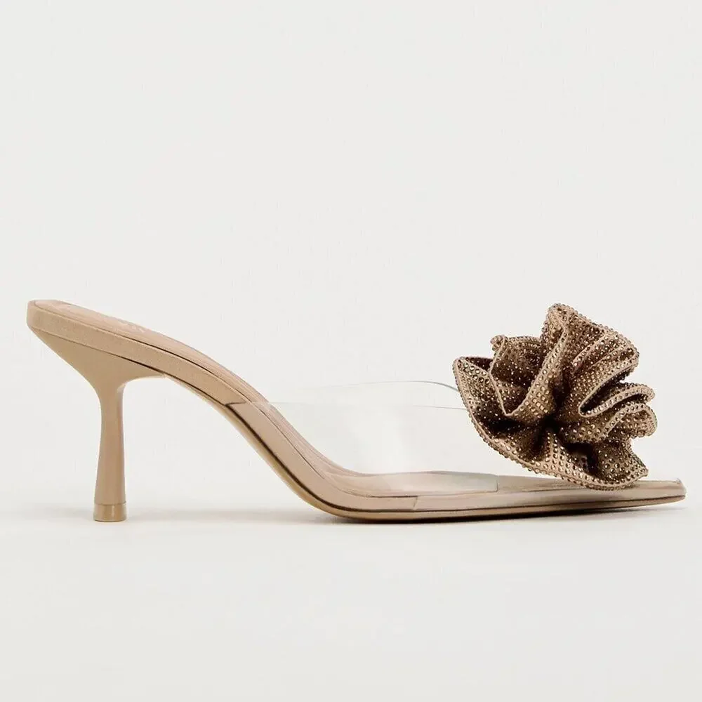 ZARA Floral Rosette Mule Heels NWT Pointed Toe Nude Vinyl Pumps Size 7.5 - Picture 14 of 16